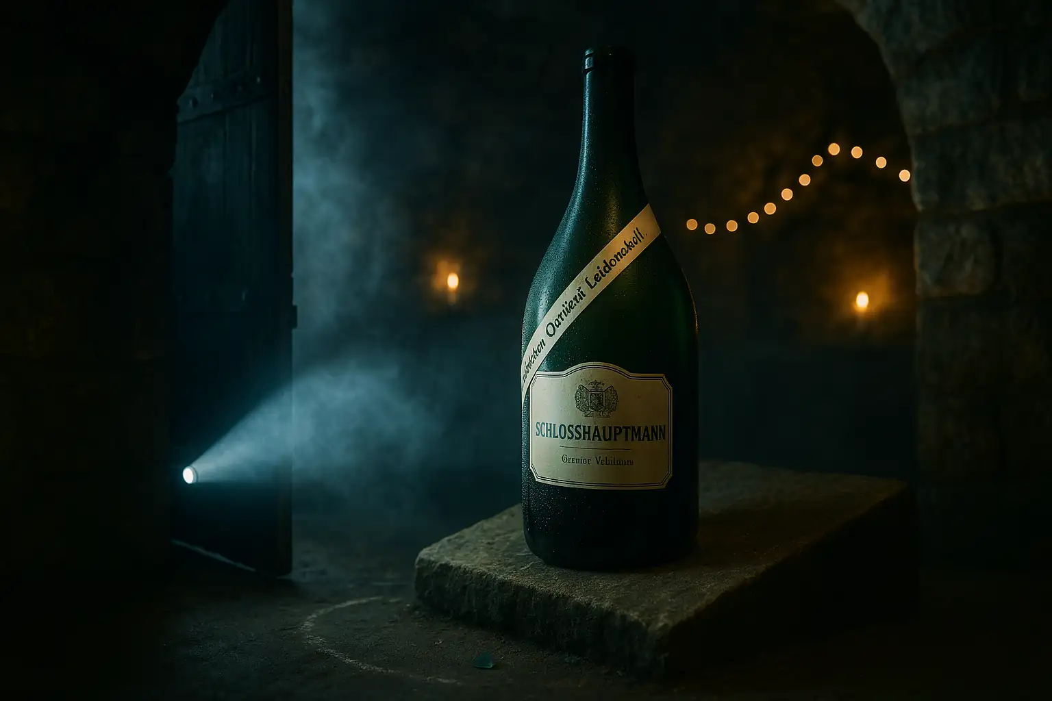 Cover der Serie „Schlosshauptmann“, Folge 1 „Der Fall Schlosshauptmann“ – grüne Magnum im kühlen Schlossgang mit Satinband