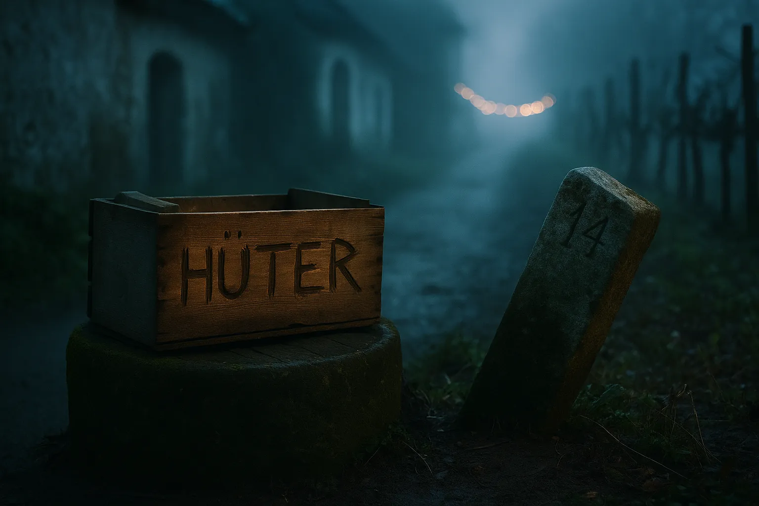 Cover Folge 3 „Riedenkartell“ – Nebel in der Riede, gekippter Grenzstein, eingeritztes „Hüter“