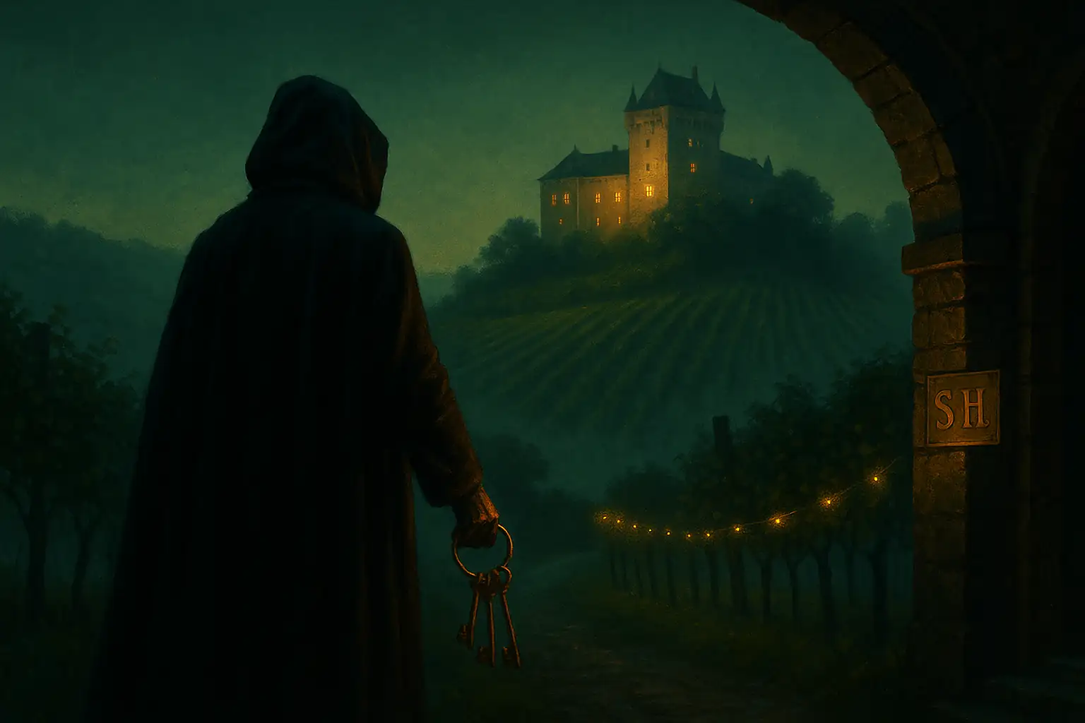 Schlossgang, Steinpodest, grüne Magnum ‚Schlosshauptmann‘, kühles Licht – Auftakt der Serie.