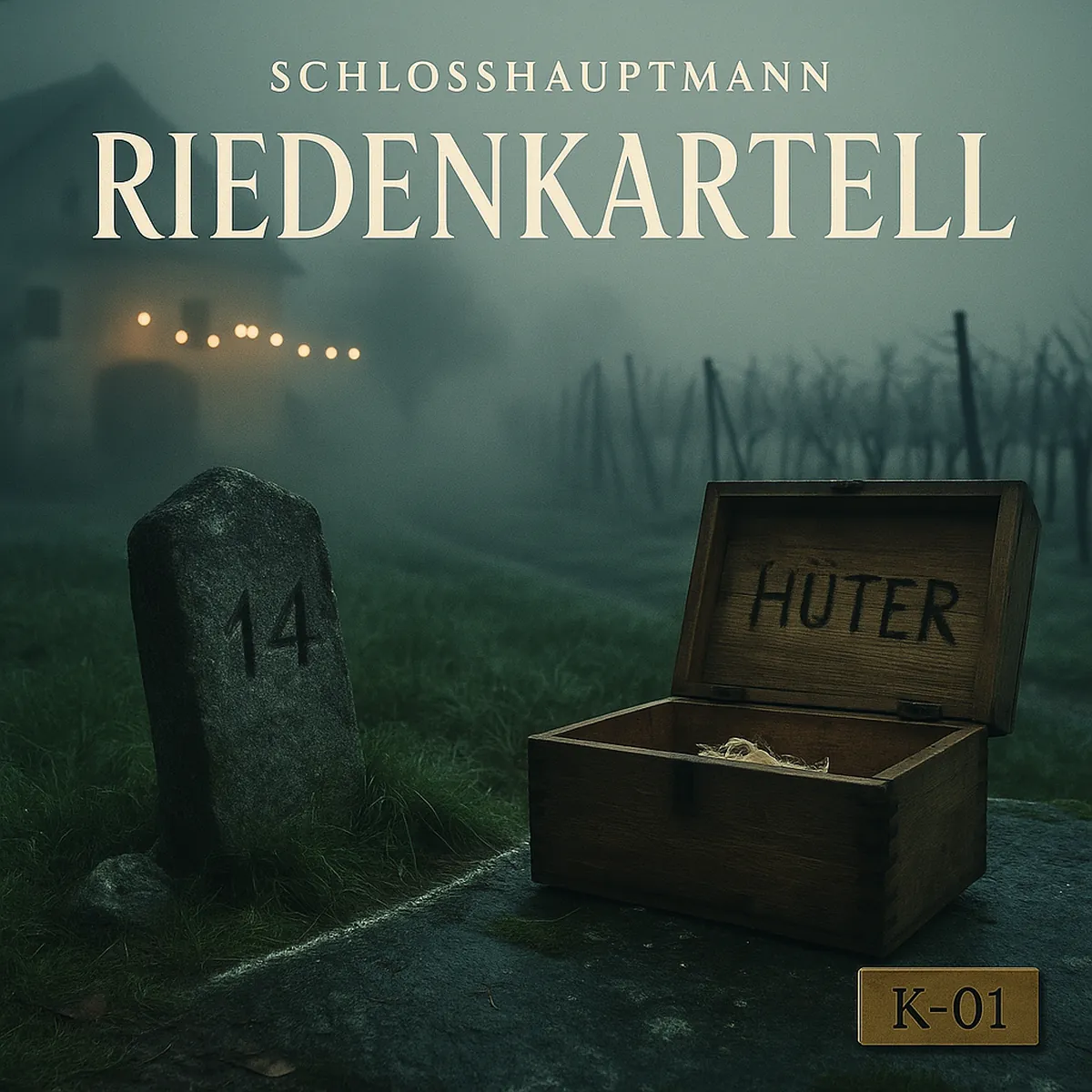 Cover Folge 3 „Riedenkartell“ – Nebel in der Riede, gekippter Grenzstein, eingeritztes „Hüter“