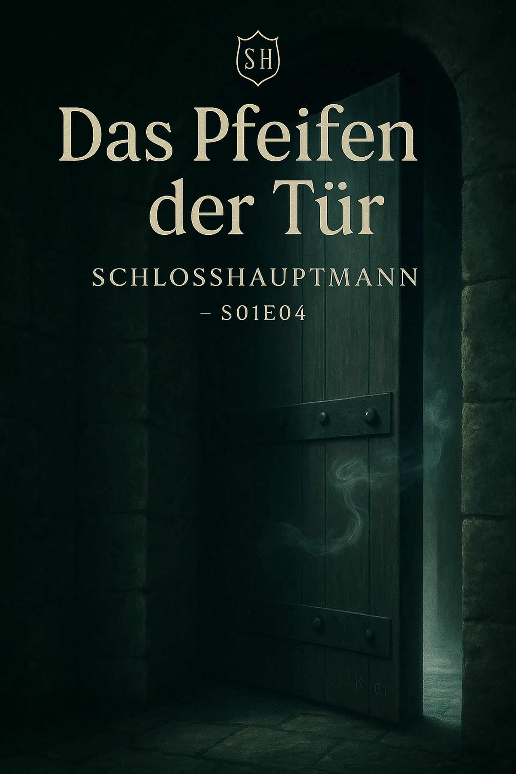Cover Folge 4 „Das Pfeifen der Tür“ – schwere Holztür im Luftzug, kühler Gang, Datenlogger