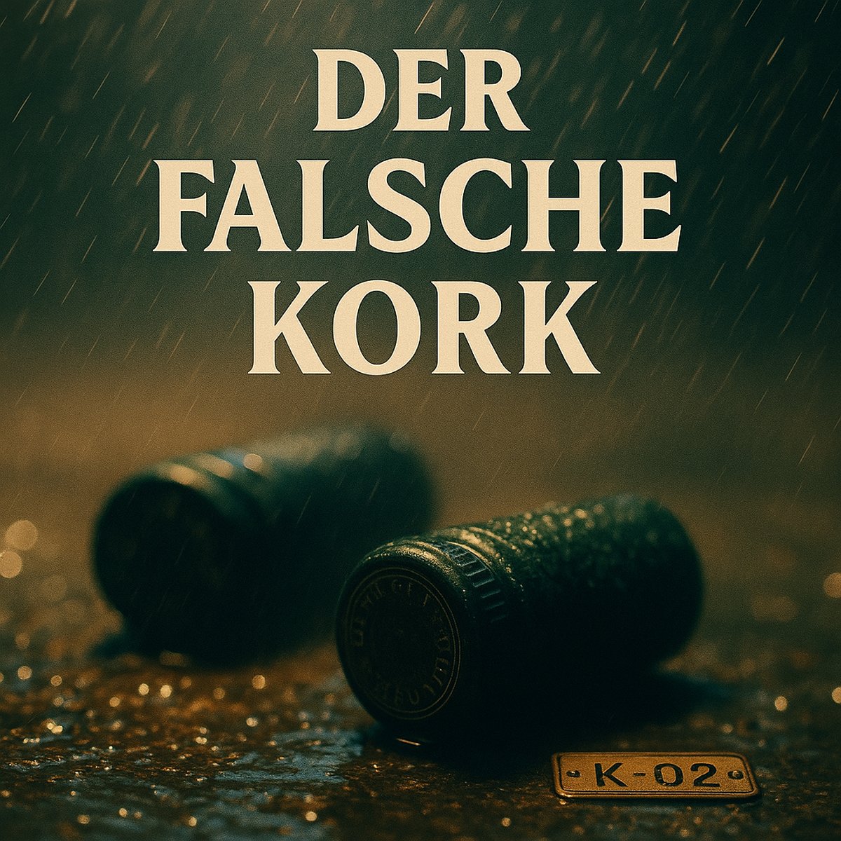 Cover Folge 2 „Der falsche Kork“ – zwei grüne Schraubkappen, Regenhof, Lupe auf Deckelprägung
